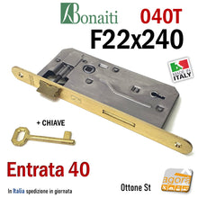 Carica l&#39;immagine nel visualizzatore di Gallery, SERRATURA PORTA PATENT FRONTALE 22x240mm BONAITI 040T E40 I90 OTTONE +CHIAVE entrata 4cm frontale 24cm
