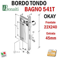 Load image into Gallery viewer, SERRATURA PORTA PATENT GRANDE BAGNO FRONTALE 22x240mm OKAY BONAITI 541T OTTONE E45 I90
