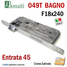 Carica l&#39;immagine nel visualizzatore di Gallery, SERRATURA PORTA BAGNO FRONTALE 18x240mm BONAITI 049T-45 CROMO SATINATO E45 I90 ENTRATA 45MM INETRASSE 90MM FRONTALE 240X18
