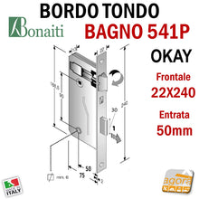 Carica l&#39;immagine nel visualizzatore di Gallery, SERRATURA PORTA BAGNO FRONTALE QUADRO 22x240mm OKAY BONAITI 541P CROMO SAT E50 I90 PATENT GRANDE wc libero occupato moneta toilet
