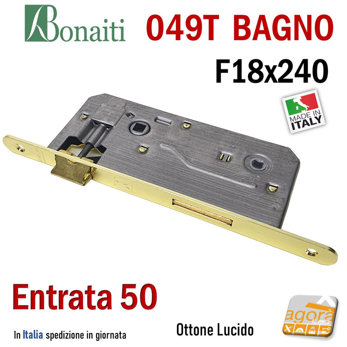 SERRATURA PORTA BAGNO FRONTALE 18x240mm BONAITI 049T-50 Entrata 50mm 5cm Interasse 90 ottone lucido ottonata frontale 240x18