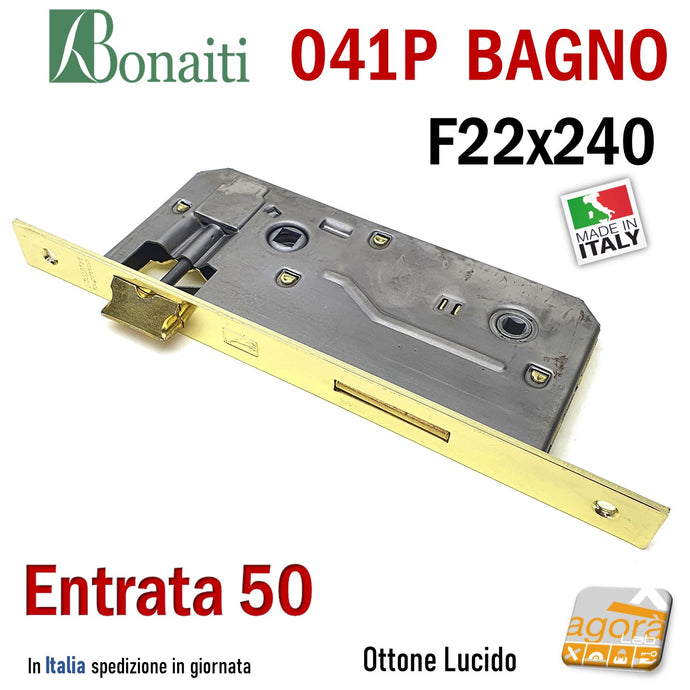 SERRATURA PORTA PATENT GRANDE BAGNO FRONTALE 22x240mm QUADRO BONAITI 041P-50 OTTONE LUCIDO E50 I90  ottonata rettangolare 240x22 entrata 5cm interasse 9cm