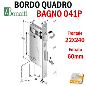 SERRATURA PORTA PATENT GRANDE BAGNO FRONTALE 22x240mm QUADRO BONAITI 041P-60 OTTONE E60 I90 rettangolare 240x22 interasse 9cm entrata 50mm cm5