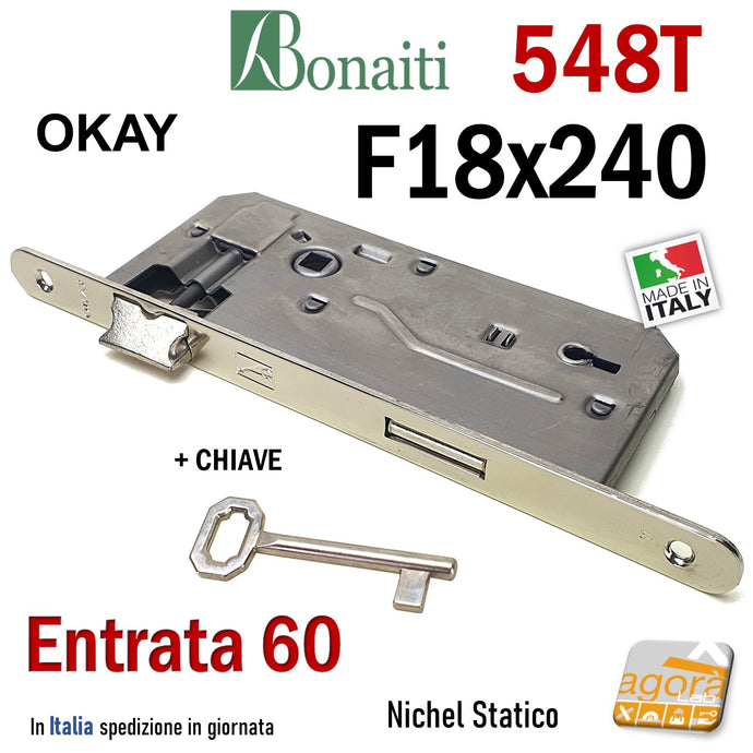 SERRATURA PORTA PATENT OKAY F18x240mm BONAITI 548T + CHIAVE E60 I90 CROMO NICHEL frontale 240x18 entrata 6cm interasse maniglia chiave 9cm nichelata