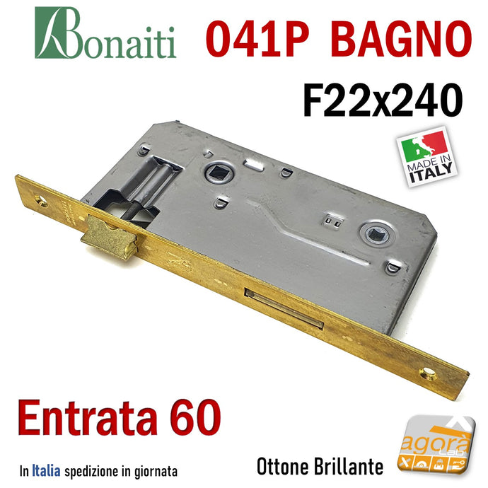 SERRATURA PORTA PATENT GRANDE BAGNO FRONTALE 22x240mm QUADRO BONAITI 041P-60 OTTONE E60 I90 entrata 6cm