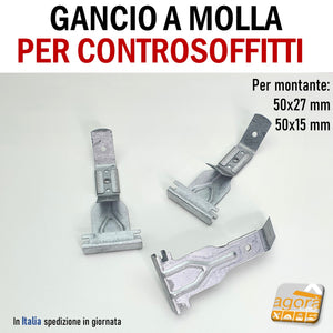 GANCIO CON MOLLA PER PROFILO SOFFITTO CARTONGESSO 50x15 50x27 CONTROSOFFITTO SOSPENSIONE PENDINO molle per pendini per soffitto