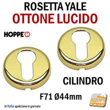 Carica l&#39;immagine nel visualizzatore di Gallery, ROSETTA PORTA CHIAVE BOCCHETTA HOPPE CILINDRO YALE OTTONE LUCIDO D44 F71 CP M88KS 4012789696646 - 807193 -791262
