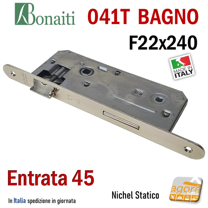 SERRATURA PORTA PATENT GRANDE BAGNO FRONTALE 22x240mm BONAITI 041T-45 CROMO E45 I90 NICHELATA NICHEL STATICO ENTRATA 45 mm