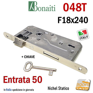 SERRATURA PORTA PATENT FRONTALE 18x240mm BONAITI 048T E50 I90 COMPLETA DI CHIAVE NICHEL STATICO ENTRATA 5CM INTERASSE 9CM