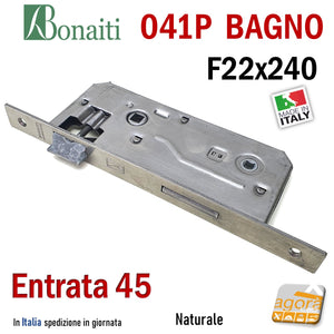 SERRATURA PORTA PATENT GRANDE BAGNO FRONTALE 22x240mm QUADRO BONAITI 041P-45 CROMO NATURALE E45 I90 Interasse 9cm 240x22