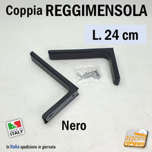 Carica l&#39;immagine nel visualizzatore di Gallery, Staffe x parete per fissaggio ripiano mensola reggimensola in metallo cover in plastica senza viti a vista nera lunga mm240 economici ma robusti regolabili
