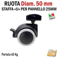 Load image into Gallery viewer, RUOTE CON STAFFA U X SPALLA 25MM RUOTA CON FRENO SENZA FRENO GIREVOLE D.50mm GRIGIA rotella per scrivania
