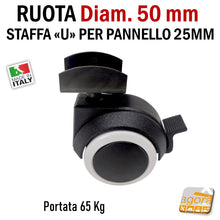 Load image into Gallery viewer, RUOTE CON STAFFA U X SPALLA 25MM RUOTA CON FRENO SENZA FRENO GIREVOLE D.50mm GRIGIA
