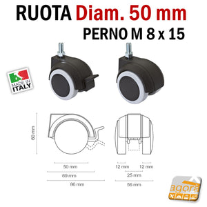 4pz RUOTE CON PERNO FILETTATO M 8 X 15MM RUOTA CON FRENO SENZA FRENO GIREVOLE D50mm GRIGIA