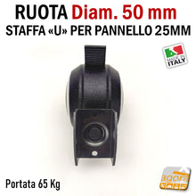 Load image into Gallery viewer, RUOTE CON STAFFA U X SPALLA 25MM RUOTA CON FRENO SENZA FRENO GIREVOLE D.50mm staffa u 2,5cm
