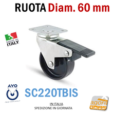 Load image into Gallery viewer, RUOTE RUOTA GIREVOLE Diametro 60mm NERA CON PIASTRA 40x40 AVO SC220T CON FRENO AVO
