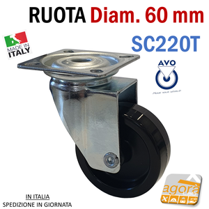 RUOTE RUOTA GIREVOLE Diametro 60mm NERA CON PIASTRA 40x40 AVO SC220T SENZA FRENO AVO Originale