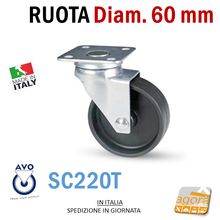 Load image into Gallery viewer, RUOTE RUOTA GIREVOLE Diametro 60mm NERA CON PIASTRA 40x40 AVO SC220T SENZA FRENO AVO
