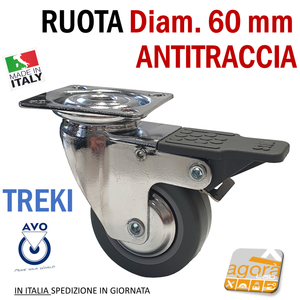 RUOTE RUOTA GIREVOLE D60mm GRIGIA CON PIASTRA 60x60 ANTITRACCIA CROMATA AVO TREKI frenata