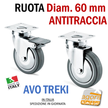 Load image into Gallery viewer, RUOTE RUOTA GIREVOLE D60mm GRIGIA CON PIASTRA 60x60 ANTITRACCIA CROMATA AVO TREKI
