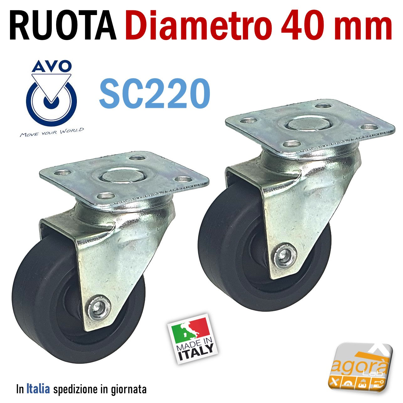 Prodotto: 89935 - Ruote per carrelli 'AVO' RUOTE C/SUPP.C/PIAST.GIR.D.100  C/FR - Utilia ( - Ruote per Carrelli); 44791