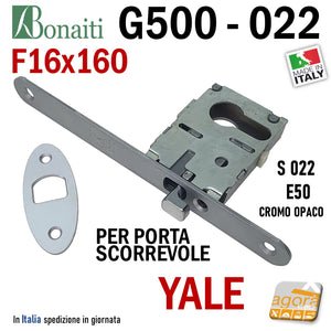 SERRATURA A GANCIO PORTA SCORREVOLE FRONTALE 16x160mm BONAITI 022 G500 X CILINDRO YALE CROMO OPACO E50 4002205097 kit con contropiastra