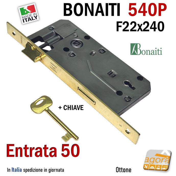 SERRATURA COLORE OTTONE F22x240 ENTRATA 50 INTERASSE 90 540P DOOR LOCK PORTE  BONAITI OKAY CON CHIAVE IN DOTAZIONE