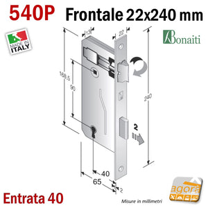 SCHEDA DIMENSIONI SERRATURA BONAITI FRONTALE 22x240 INTERASSE 90 ENTRATA 40 DOOR LOCK 540P COLORE OTTONE