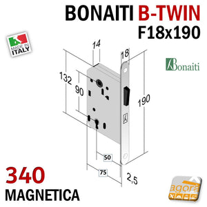 door lock SERRATURA PORTA MAGNETICA B-TWIN BONAITI 340 CHIAVE PATENT FRONTALE 18X190MM E50 I90 int 9cm entrata 5cm TWIN