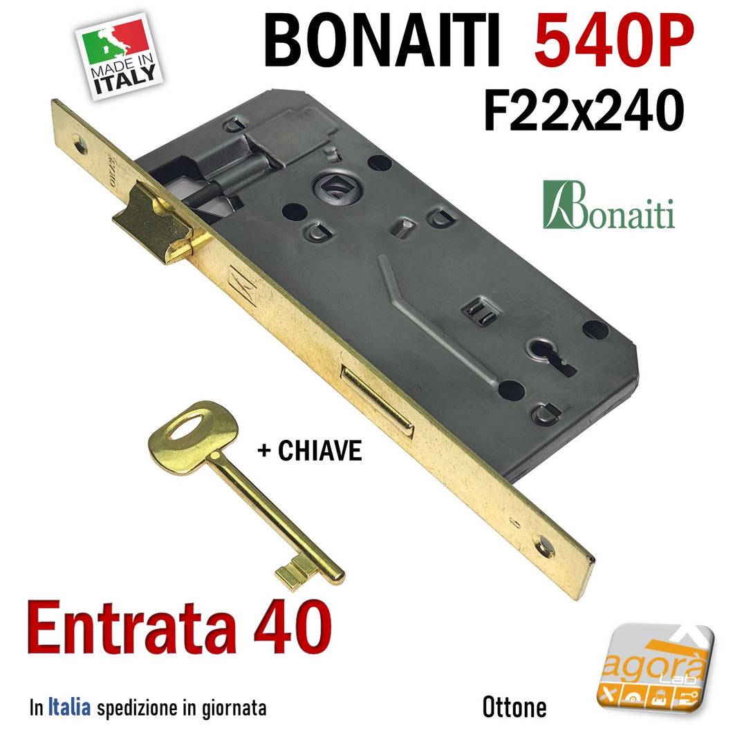 SERRATURA PATENT PORTA BONAITI COLORE OTTONE COMPLERTA DI CHIAVE 540P F22x240 ENTRATA 40 DI TIPO MECCANICO CON BORDO RETTANGOLARE