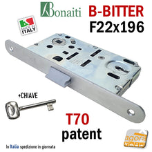 Load image into Gallery viewer, SERRATURA PORTA PATENT FRONTALE 22x196mm BONAITI B-BITTER T70 ARGENTO CROMO CHIAVE frontale 196x22mm cm 19,6x2,2 cromata argento satinata
