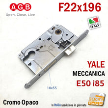 Load image into Gallery viewer, SERRATURA PORTA YALE FRONTALE 22x196mm AGB CENTRO CROMO OP E50 I85 entrata 5cm interasse 8,5cm 85mm cromo opaco 0 001 9808 F196x22 sostituzione
