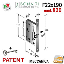 Carica l&#39;immagine nel visualizzatore di Gallery, SERRATURA PORTA PATENT FRONTALE 22x190mm BONAITI 820 E50 I90 CROMO CHIAVE scrocco centrale in metallo entrata 5cm interasse 9cm f 19cm x 22mm
