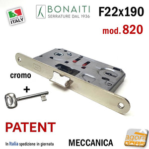 SERRATURA PORTA PATENT FRONTALE 22x190mm BONAITI 820 E50 I90 CROMO CHIAVE scrocco centrale in metallo serrature porte vecchie