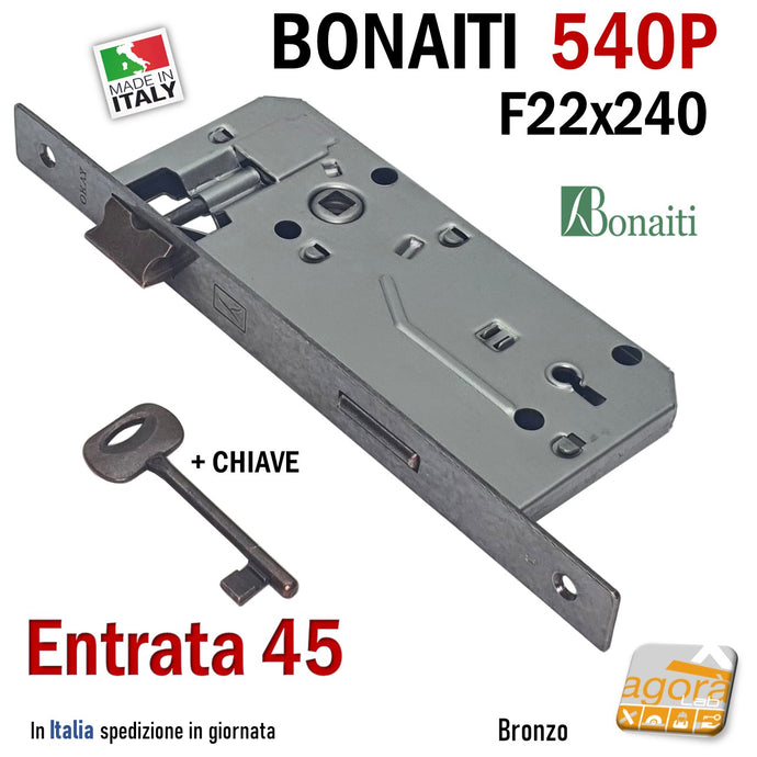 Serratura porta interna chiave patent frontale rettangolare 22x240mm 540BP 540P Bonaiti 24cm Bronzata Entrata E45mm Interasse 90mm OKAY