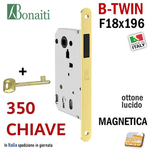 SERRATURA PORTA MAGNETICA B-TWIN BONAITI 350 CHIAVE PATENT FRONTALE 18X196MM E50 I90 OTTONE