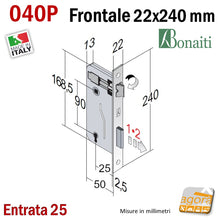 Carica l&#39;immagine nel visualizzatore di Gallery, Serratura porta interna Patent Grande Bonaiti 040BP bordo rettangolare quadrato frontale 22x240mm entrata 25mm interasse 90mm quote misure disegno
