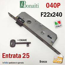 Carica l&#39;immagine nel visualizzatore di Gallery, Serratura porta interna Patent Grande Bonaiti 040BP bordo rettangolare quadrato frontale 22x240mm entrata 25mm interasse 90mm 48040025MC
