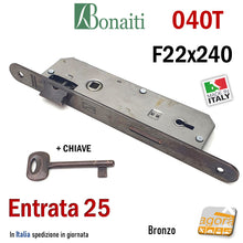 Load image into Gallery viewer, SERRATURA PORTA PATENT FRONTALE 22x240mm 40BT TONDO BONAITI 040T BRONZO E25 I90 con CHIAVE
