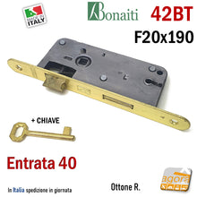 Carica l&#39;immagine nel visualizzatore di Gallery, SERRATURA PORTA FRONTALE 20x190mm TONDO E40 I70 BONAITI 42T OTTONE PATENT PICCOLA con CHIAVE 042T 42BT OTTONATA FRONTALE 19CM X 2CM ENTRATA 4CM
