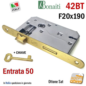 SERRATURA PORTA FRONTALE 20x190mm TONDO E50 I70 BONAITI 42T OTTONE SAT PATENT PICCOLA CON CHIAVE ENTRATA 5CM