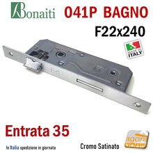 Load image into Gallery viewer, SERRATURA PORTA PATENT GRANDE BAGNO FRONTALE 22x240mm QUADRO BONAITI 041P-35 CROMO E35 I90 frontale rettangolare 240x22 entrata 35mm interasse 9cm wc toilet moneta doppio quadro
