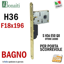 Load image into Gallery viewer, SERRATURA PORTA SCORREVOLE FRONTALE 18x196mm BONAITI H36+TIR X BAGNO WC MONETA LIBERO-OCCUPATO OTTONE Q8 E50 originale
