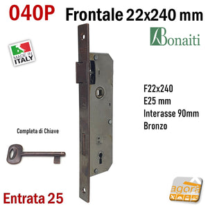 Serratura porta squadrata rettangolare bonaiti OKAY 40P frontale f 240x22mm entrata 25mm E2,5cm interasse 90mm chiave patent