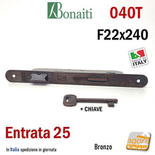 Carica l&#39;immagine nel visualizzatore di Gallery, SERRATURA PORTA PATENT FRONTALE F 240 x 22 mm BORDO TONDO BONAITI 040T BRONZO Entrata E 25 mm Interasse I 90 mm con CHIAVE Bronzata Bronzo 48040025ME
