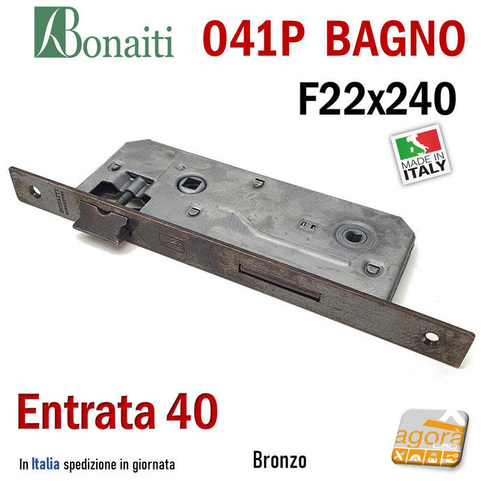 SERRATURA PORTA PATENT GRANDE BAGNO FRONTALE 22x240mm QUADRO BONAITI 041P-40 BRONZO E40 I90 entrata 4cm 41BP bronzata