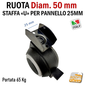 RUOTE CON STAFFA U X SPALLA 25MM RUOTA CON FRENO SENZA FRENO GIREVOLE D.50mm GRIGIA ruota ufficio