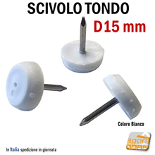 Carica l&#39;immagine nel visualizzatore di Gallery, scivolino punta chiodo per sedie tavoli mobili piccolo compatto diametro 1,5cm 15mm in plastica economico leggero ma robusto e funzionale - nail tip slide white 
